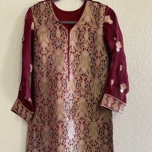 Maroon Silk woven dress with multicolored imprinting